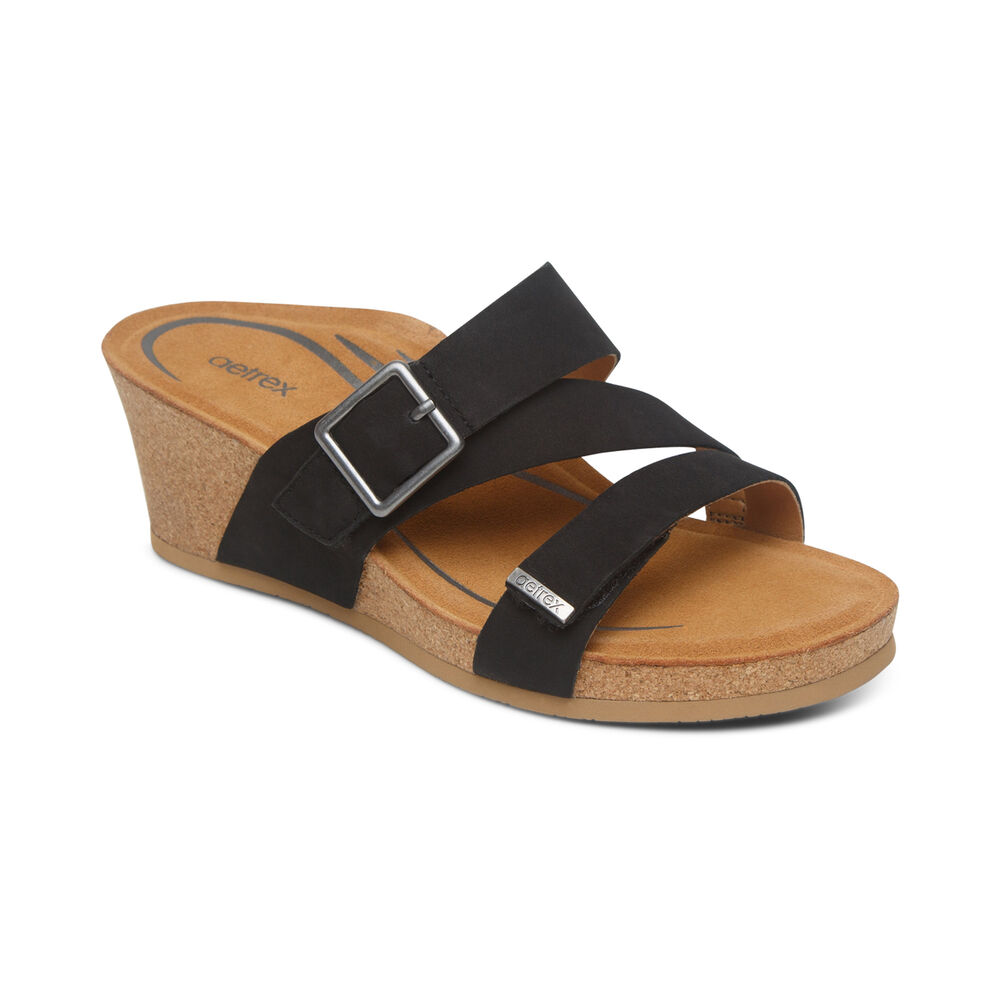 Aetrex Women's Kimmy Arch Support Wedge Sandals - Black | USA C25XIAP